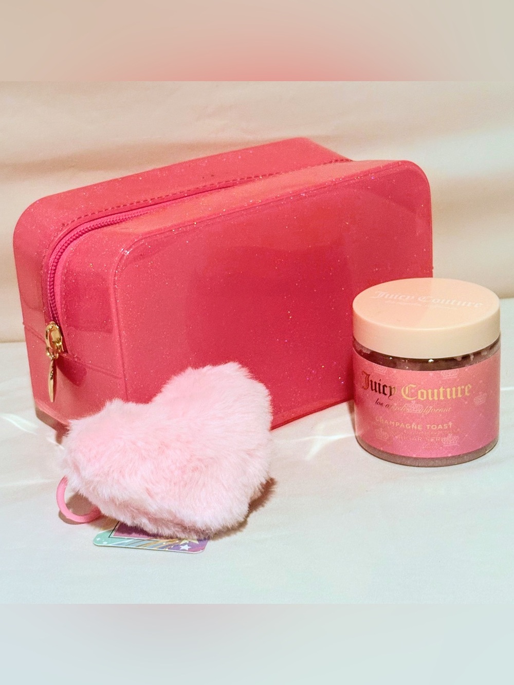 Juicy Couture Champagne Toast Body Scrub w\Glitter Gel Bag & Heart Bag Charm